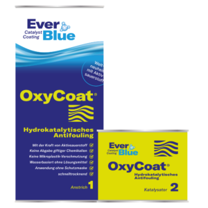 Grafik der Everblue Antifouling Verpackung. Klarlack und Katalysator.